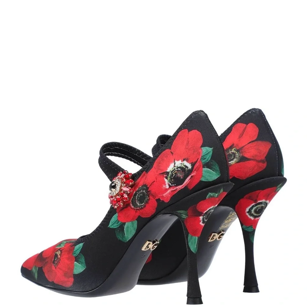 Dolce & Gabbana Black and Red Floral Heels with Brooch Detailing Embellishments - Picture 4 of 13